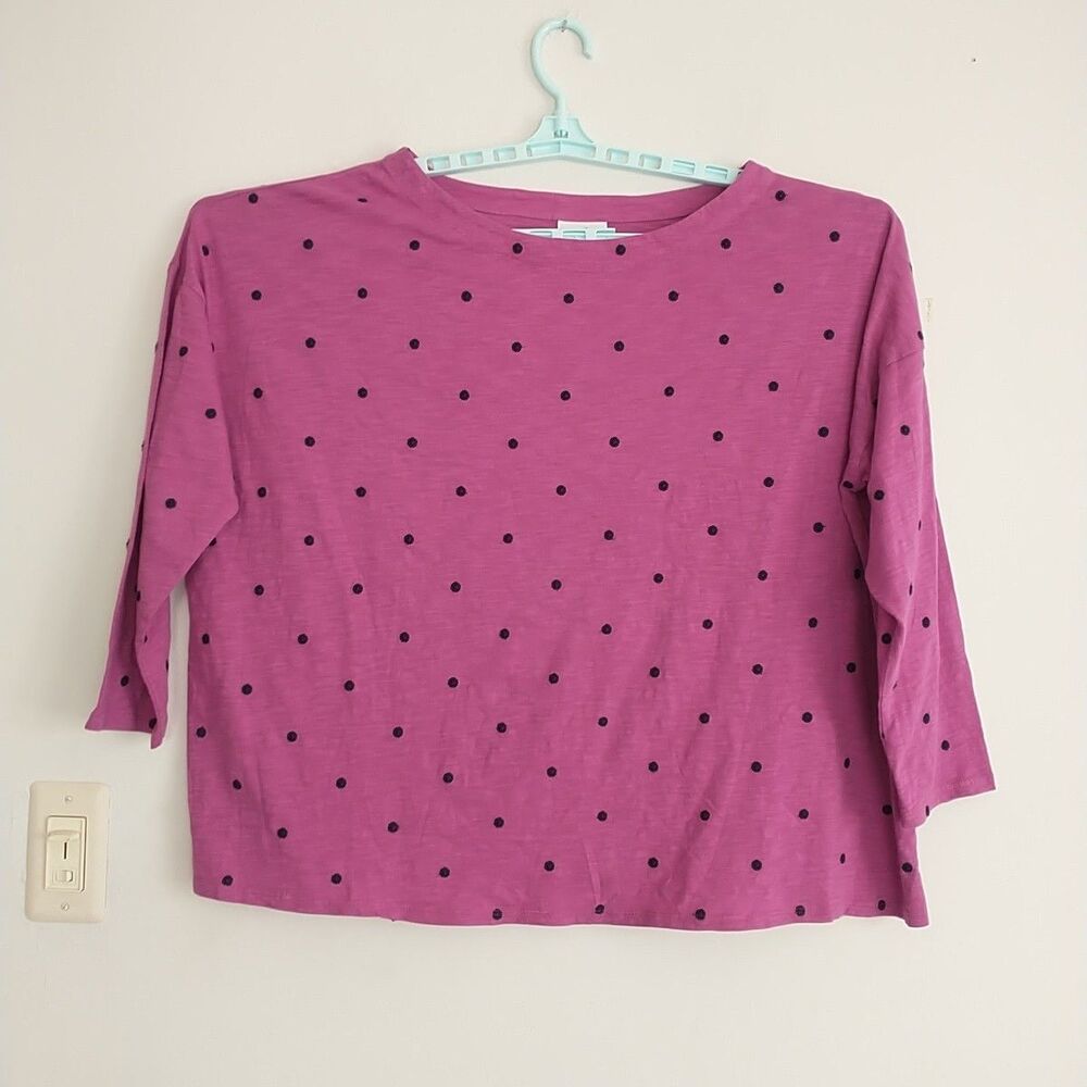 J Jill Top Tee T Shirt 2X Pink Blue Polka Dots Embroidered 3/4 Sleeve Retro
